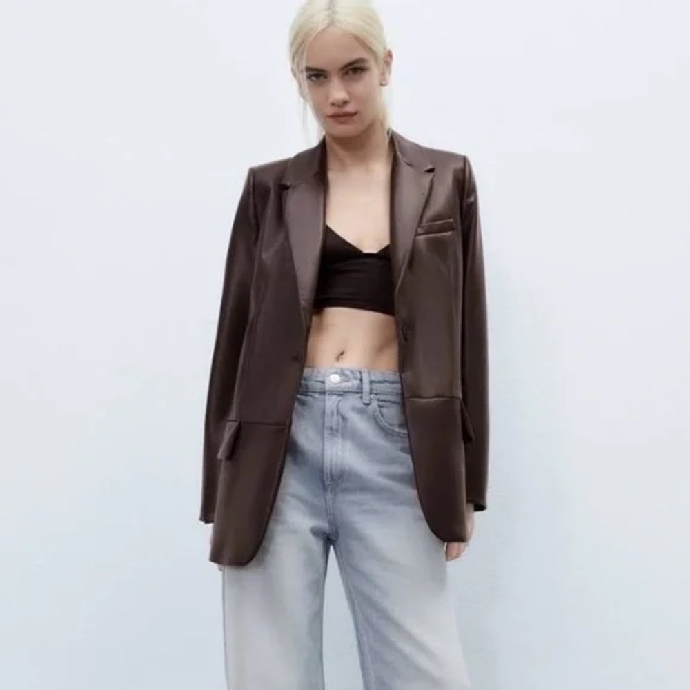 NWT Zara Dark Brown Faux Leather
Masculine Blazer